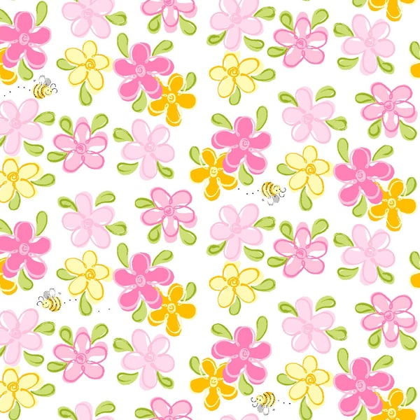 Susybee FLOWERS & BEES, Pink, Yellow, Lal the Lamb, Clothworks, 100% Cotton Fabric