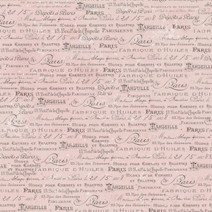 May include: A seamless pattern featuring faded text in a vintage style. The design includes words like "Paris" and "Marseille" in a script font, set against a soft pink background. The overall theme is French vintage.