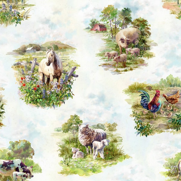 Homestead Memories Pasture Farm Animal Horse Sheep Pig Chicken Cow Hoffman Fabrics 100% Cotton Fabric Large Print