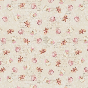 May include: A beige fabric featuring a repeating pattern of gingerbread people, pink mugs with whipped cream, and Santa Claus figures wearing pink hats, all set against a background of faint, cursive vintage script and small white snowflakes.