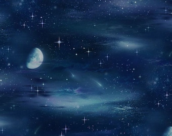 Moon & Stars - Black, Blue, Night Sky, Landscape Medley, Elizabeth’s Studio, 100% Cotton Quilting Fabric