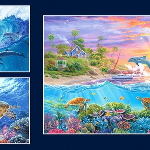 Weekend in Paradise Panel, Ocean, Sea Life, Dolphin, Turtle, P & B Textiles 100% Cotton Fabric