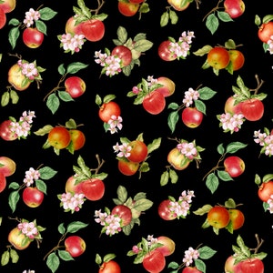 Orchard Valley, Tossed Apples with Leaves, Black, Timeless Treasures, 100% Cotton Quilting Fabric