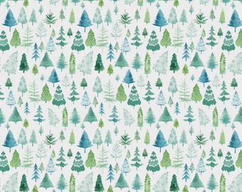 May include: A repeating pattern of watercolor evergreen trees in shades of green and blue on a white background. The trees vary in shape and size, creating a whimsical forest design. This pattern is suitable for fabric, wallpaper, or other decorative applications.