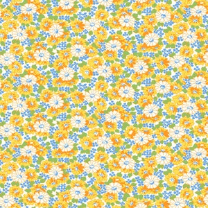 Harina silvestre, estampado de saco de forraje amarillo con flores, de Whistler Studios Windham Fabrics - Tela para acolchado 100 % algodón n.° 53496-2
