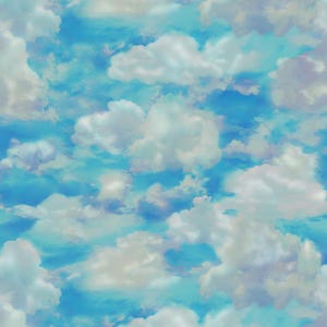 May include: A seamless pattern of fluffy white clouds against a bright blue sky. The clouds are scattered throughout the image, creating a sense of depth and movement.