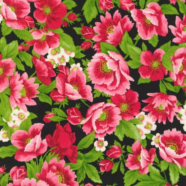 SCARLETS GARDEN, Floral, Red and Black, By Debbie Beaves, Flowerhouse, Robert Kaufman, 100% Cotton Fabric, FLH206442