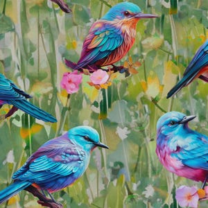 May include: A vibrant, colorful pattern featuring multiple birds with blue, purple, and orange plumage. The birds are perched on branches with pink flowers, set against a backdrop of green foliage. The artwork has a painterly style.