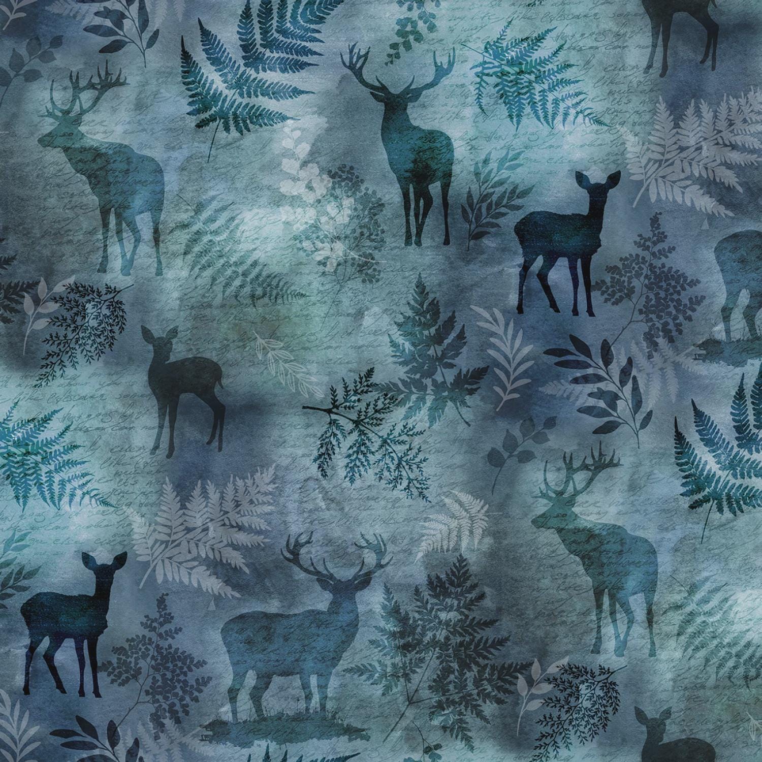 Forest Fawn, Deer Silhouettes, Leaves, Dusty Blue, Hoffman Fabrics, 100% Cotton Quilting Fabric