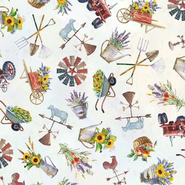 Homestead Memories Garden Collage, Farmhouse, Tractor, Windmill, Floral, Garden Tools, Wheelbarrow, Hoffman Digital Print 100% Cotton Fabric