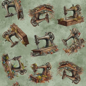 May include: A repeating pattern of antique sewing machines in various orientations. The machines are bronze-colored with intricate details and are adorned with moss and foliage. The background is a mottled, muted green.