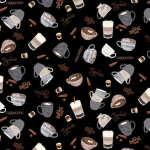PERK ME UP, Love Coffee, Espresso Cappuccino Latte Americano Coffee Cups Drinks, Timeless Treasures, 100% Cotton Fabric, cd1611-black