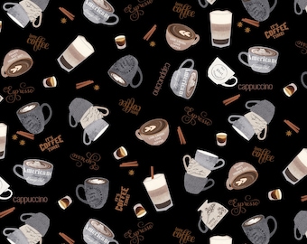 PERK ME UP, Love Coffee, Espresso Cappuccino Latte Americano Coffee Cups Drinks, Timeless Treasures, 100% Cotton Quilting Fabric