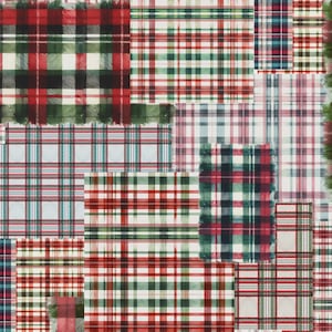 May include: A patchwork design featuring various plaid patterns in red, green, white, and blue. The fabric pieces are arranged in a collage, with some edges frayed, creating a rustic, textured appearance. The overall theme is festive and evokes a sense of warmth.