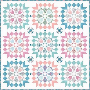 May include: A patchwork quilt with a repeating star pattern in shades of pink, blue, and white. The quilt features floral and geometric designs, with a patterned border. The overall design is symmetrical and visually appealing.