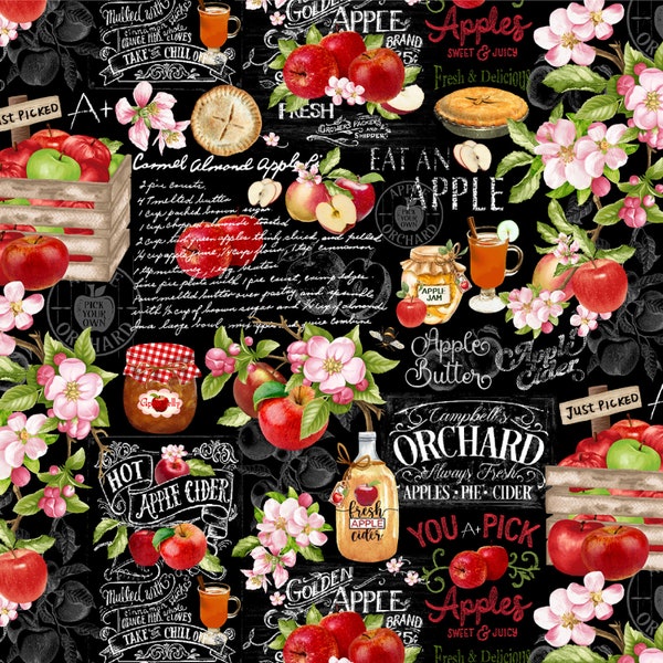 Orchard Valley, Apple Farm Chart, Black, Timeless Treasures, 100% Cotton Quilting Fabric