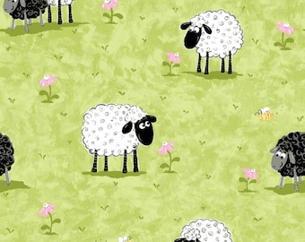 SUSYBEE Lal The Lamb In The Meadow, Kiwi Green, Clothworks, 100% Cotton Fabric