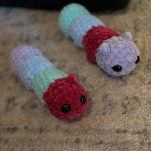 Puede incluir: Dos orugas hechas a mano con ganchillo. Cada oruga está hecha de hilo suave y colorido en tonos morado, azul, verde y rojo. Tienen ojos de seguridad negros y pequeñas antenas. Las orugas están sobre una alfombra.