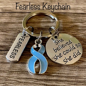 May include: A silver keychain with a blue ribbon charm, a silver charm that says "She believed she could so she did", and a silver charm that says "Fearless".