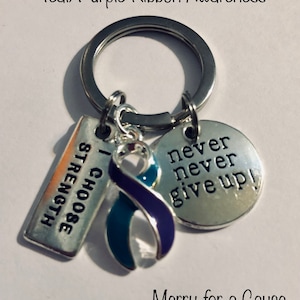 Teal/purple ribbon awareness strength keychain