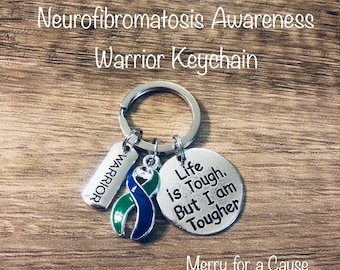 Blue and Green Ribbon Awareness Warrior Keychain