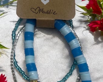 Ensembles de 3 bracelets élastiques en perles de coquillage bleus