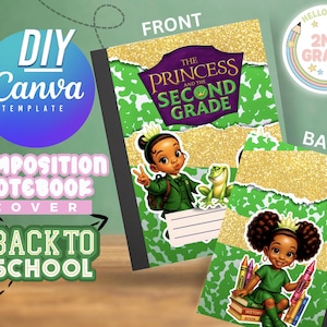 Könnte beinhalten: Notizbuchumschlag mit einem Design mit einer Cartoon-Prinzessin und dem Text "The Princess and the Second Grade". Der Umschlag hat ein grün-weißes, gesprenkeltes Muster, goldene Glitzerakzente und die Worte "Back to School".