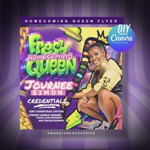 Könnte beinhalten: Ein lebendiger Flyer für eine Homecoming-Queen mit dem Text "Fresh Homecoming Queen" in Grün und Lila. Der Flyer enthält den Namen "Journee Simon" und ihre Referenzen. Eine lächelnde Frau ist im Bild, die eine gelbe Jacke trägt.
