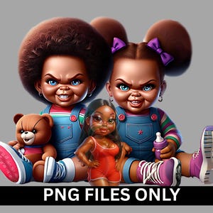 May include: Digital illustration of two cartoon characters with menacing expressions, wearing denim overalls and sneakers. One holds a teddy bear and the other a baby bottle. A third character in a red outfit is in the center. The text "PNG FILES ONLY" is at the bottom.