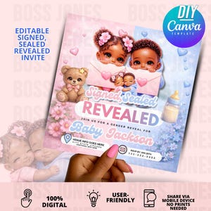 May include: A digital gender reveal invitation template with a pink and blue color scheme. The design features illustrations of babies, a teddy bear, and floral accents. Text includes "Signed Sealed Revealed" and "Baby Jackson."