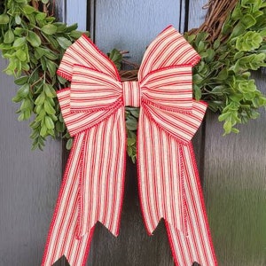 BEST SELLER - Large Wreath Bow - Customizable - Wired Ribbon Bow - Ticking Stripe Bow - Christmas Bow - Decorative Bow - Farmhouse Style