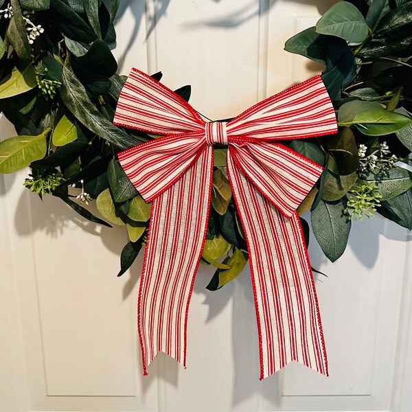 BEST SELLER - Large Wreath Bow - Christmas Tree - Wired Ribbon Bow - Ticking Stripe Bow - Holiday Bow - Decorative Bow - Christmas Bow