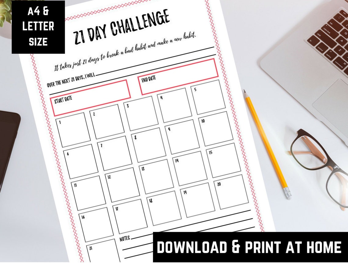 21 Day Challenge Printable, Track Your Habits, New Years Resolution