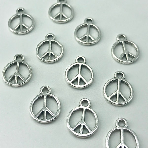 20 Pcs, Peace Sign Charms, 13 x 10 x 1 mm, hole 1.5 mm, Antique Silver Color, Alloy, Lead Free, Cadmium Free