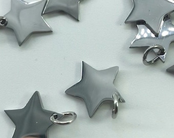 Stainless Steel Star Charms, 304 Stainless, 5 Pc, 11mm x 12mm x 1.1mm, About 1.5mm hole, With 5mm Jump Ring