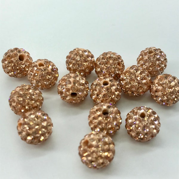 Rhinestone Pave Disco Ball Beads, Grade A, Light Peach Color, Polymer Clay,  Round, 10 mm, Hole: 1.5 mm, Set of 5