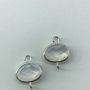 Silver Plated Brass, 2 Pc, Faceted Glass Oval Connector, WhiteSmoke, 14x11x4mm,Hole: 1mm