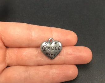 316 Stainless Steel Heart Charm, With Word Peace, 2 sided, 16x16.5x4mm, Hole is 2 mm, 1 Charm