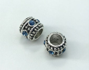 2 Pc, Rhinestone Beads, Alloy, 10 mm x 8.5 mm, Large hole 5.5 mm, Alloy, Antique Silver, Light Sapphire