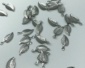 10 Pc, 14x6x0.5mm, Hole 0.5mm, Stainless Steel 304 Leaf Charms