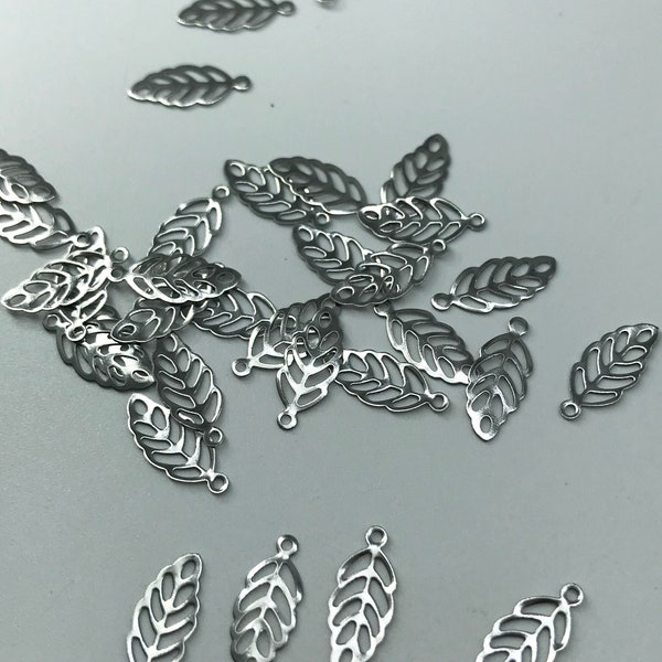 20 Pc 304 Stainless Steel Leaf Charms, Silver, 13 x 5.5 x 0.3 mm, Hole: 1 mm