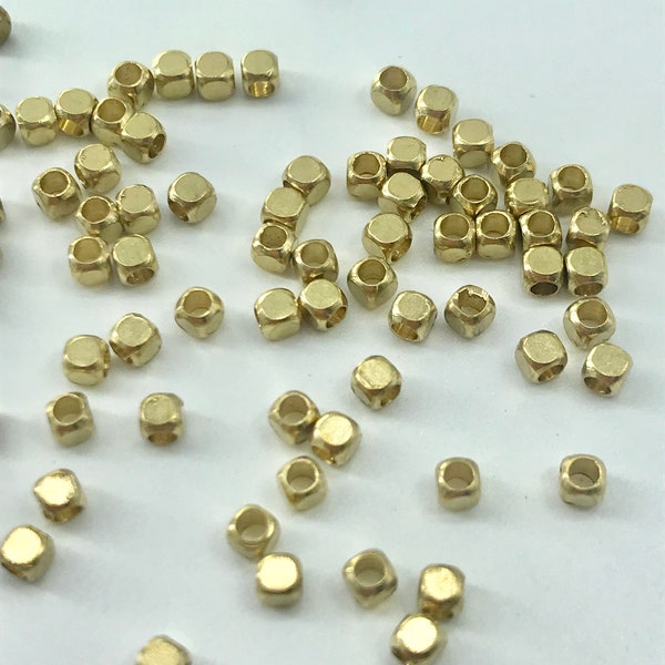 50 Pc, Brass Spacer Beads, Cube, 2.5 x 2.5 mm, Hole 2 mm, Gold Color, Unplated
