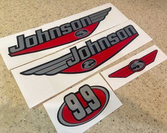 Johnson 9.9 HP Vintage Outboard Motor Decal Kit Vinyl Black Silver and Red + Free Shipping!