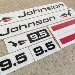 May include: A set of black and red vinyl decals featuring the word "Johnson" and the number "9.5". The decals are on a white gridded background.