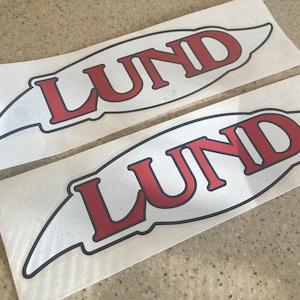 Lund Vintage Fishing Boat, Tow Vehicle, or Trailer Decals Die-Cut Vinyl 13" 2-Pak Red Black and White