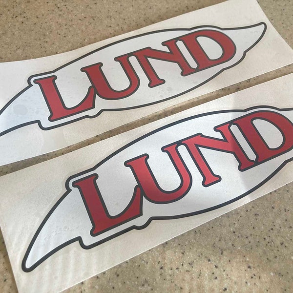 Lund Vintage Fishing Boat, Tow Vehicle, or Trailer Decals Die-Cut Vinyl 13" 2-Pak Red Black and White