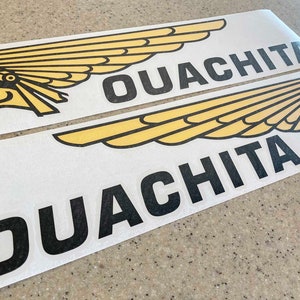 Ouachita Vintage Barco de pesca, vehículo de remolque o calcomanías de remolque Vinilo troquelado 18" 2-Pak Negro y Amarillo + ¡Envío GRATIS!