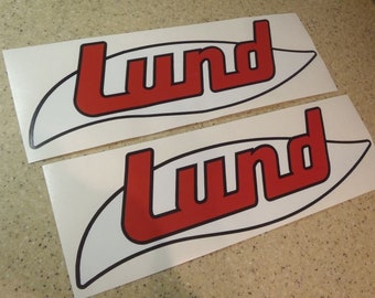 Lund Vintage Fishing Boat, Tow Vehicle, or Trailer Decals Die-Cut Vinyl 12" 2-Pak Red Black and White