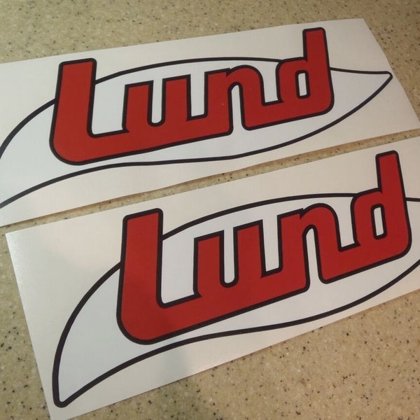 Lund Vintage Fishing Boat, Tow Vehicle, or Trailer Decals Die-Cut Vinyl 12" 2-Pak Red Black and White