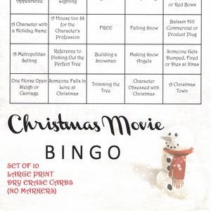 ¡Tarjetas de borrado en seco de bingo de películas de Navidad Hallmark con letra grande! (10 cartas - todas diferentes) - 3 estilos para elegir